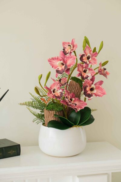 Bình hoa lan hoàng hậu tone đỏ mix thân gỗ