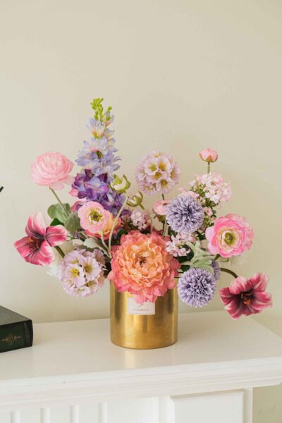 Bình hoa mẫu đơn khô mix phi yến tulip trà mao lương tone tím hồng