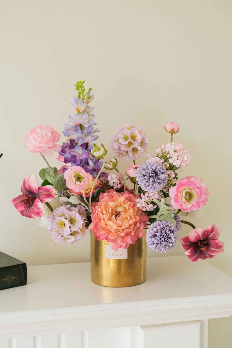 Bình hoa mẫu đơn khô mix phi yến tulip trà mao lương tone tím hồng