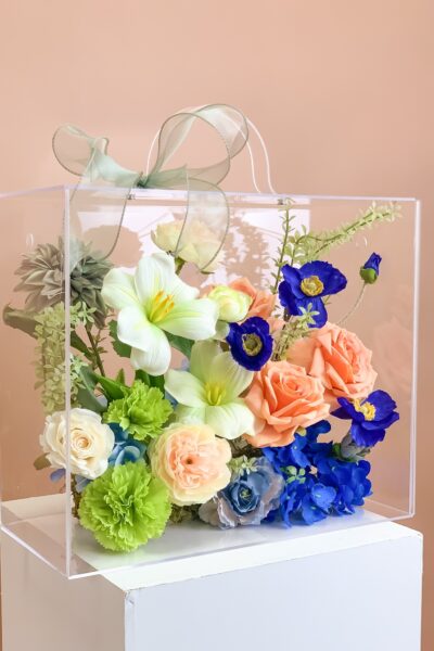 Vali hoa quà tặng mix hoa hồng tulip anh túc hoa phăng tone xanh cốm lam