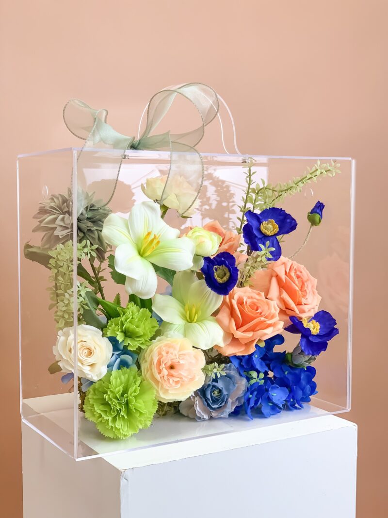 Vali hoa quà tặng mix hoa hồng tulip anh túc hoa phăng tone xanh cốm lam