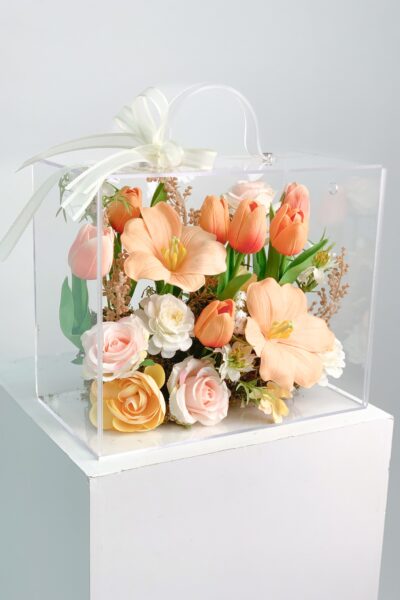 Vali hoa quà tặng mix hoa hồng tulip tone cam