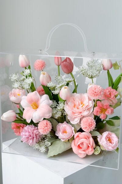 Vali hoa quà tặng mix hoa tulip hồi hương hoa hồng tone hồng