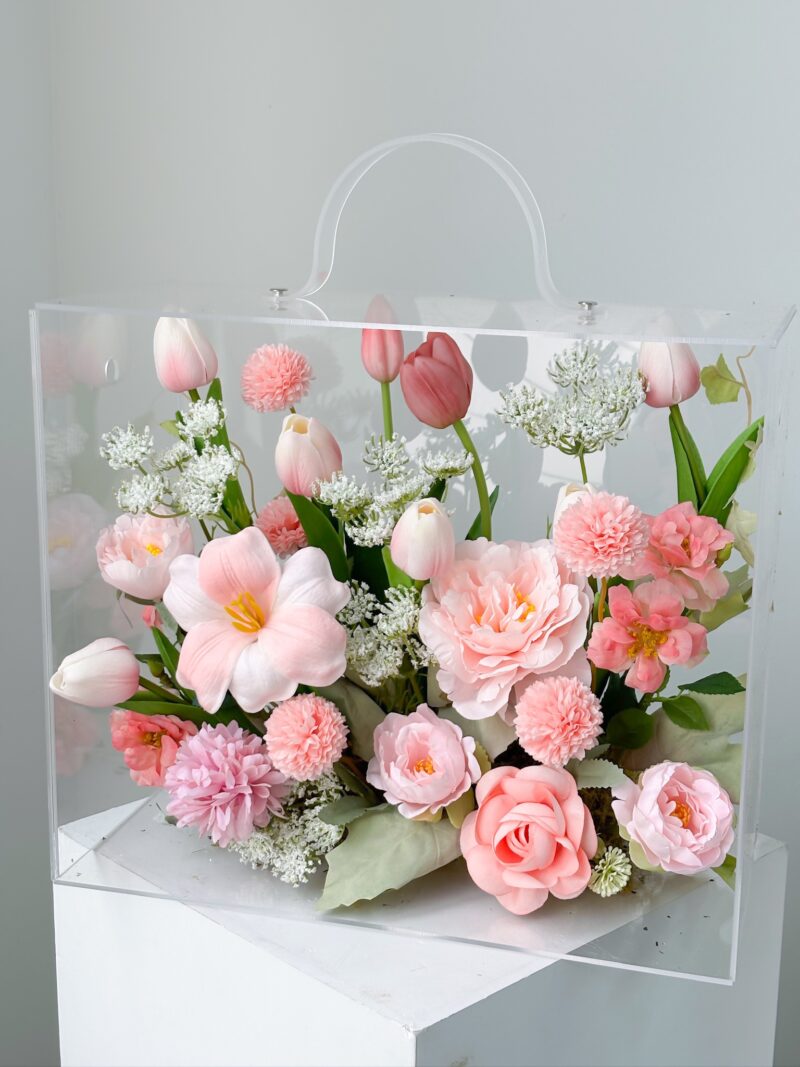 Vali hoa quà tặng mix hoa tulip hồi hương hoa hồng tone hồng