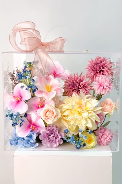 Vali hoa quà tặng mix thược dược tulip hoa baby tone hồng tím