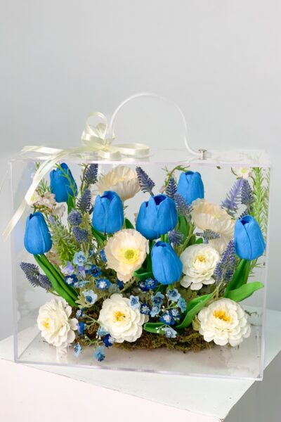 Vali hoa quà tặng mix tulip anh túc lavender tone lam kem