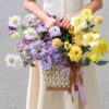 Giỏ hoa quà tặng mix tú cầu tulip thược dược tone vàng tím