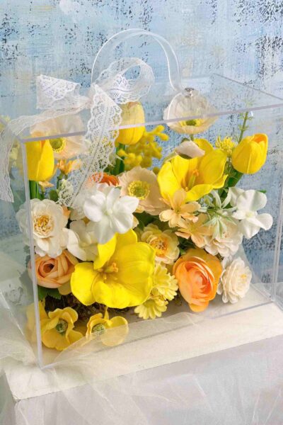 Vali hoa lụa quà tặng mix tulip anh túc mao lương tone vàng